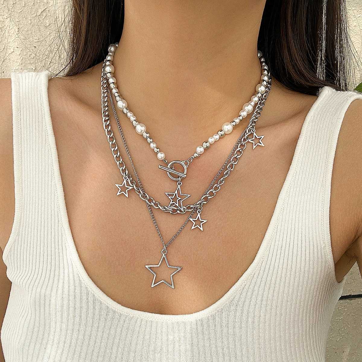 KunJoe Punk Silver Color Star Pendant Necklace for Women Men Imitation Pearl Multilayer Charm Choker Jewelry Collar Party Y2K XJ250524