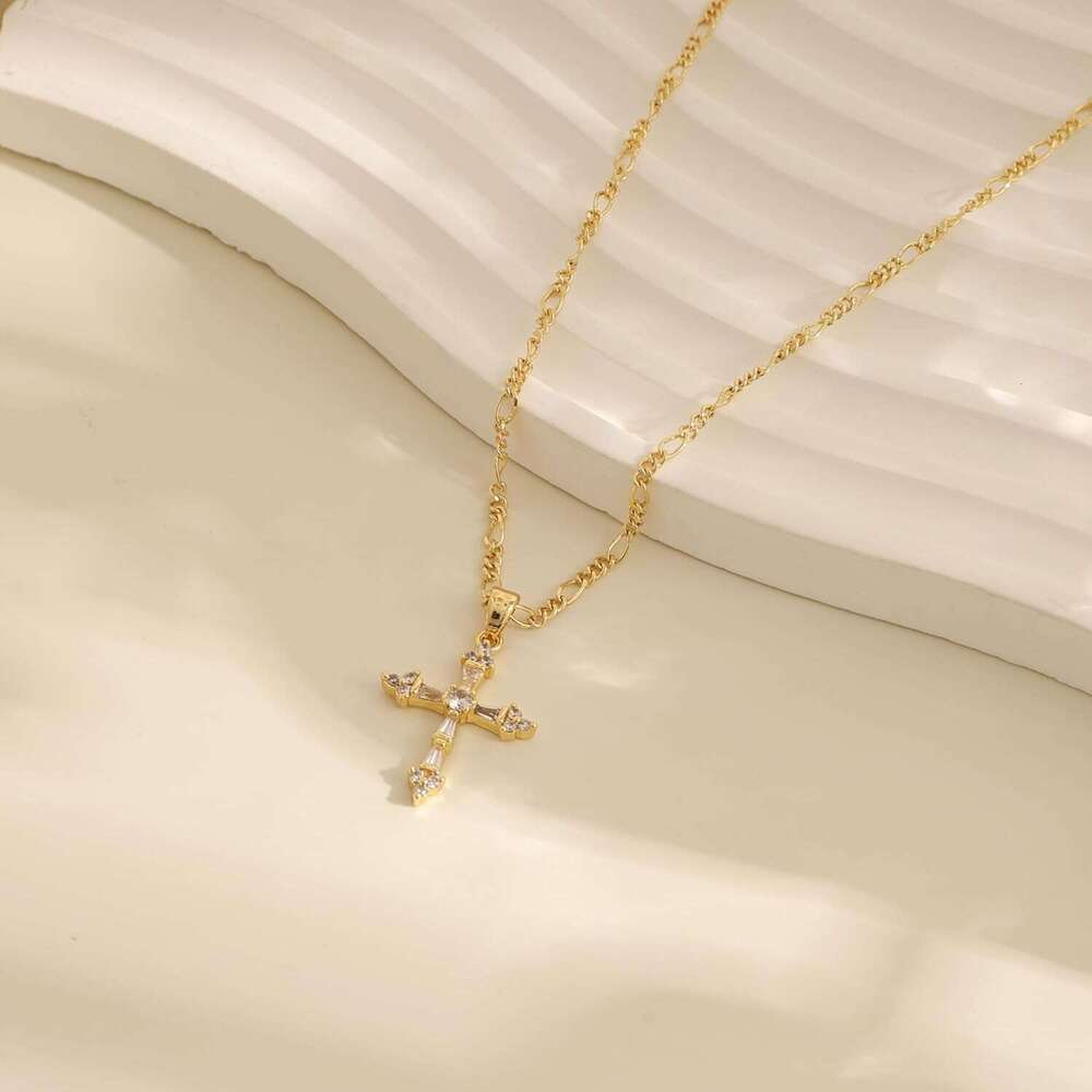 Women's double 14K gold-plated exquisite fashionable small cross pendant simple and cute necklace, gold jewelry