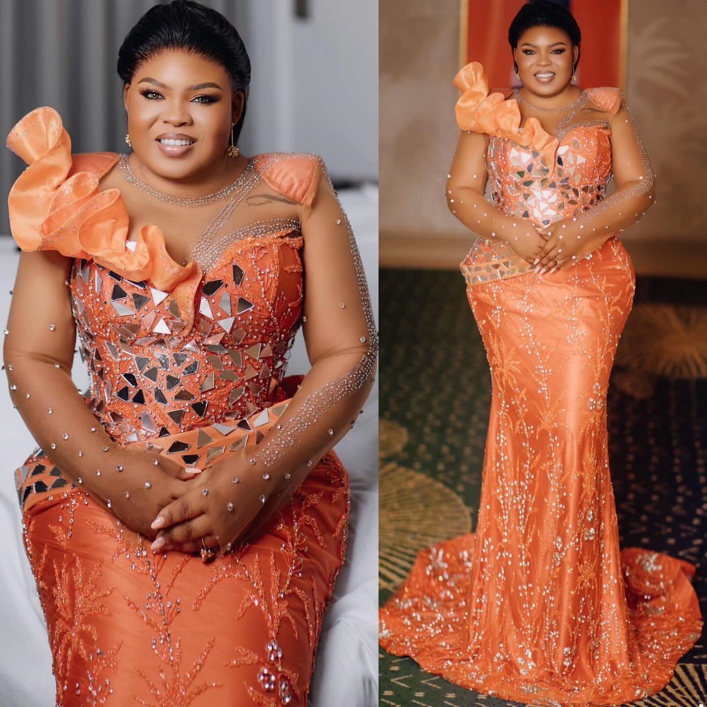Orange Mermaid Prom Dresses 2025 Crystals Lace Beaded Sparkly Evening Formal Party Second Birthday Engagement Gowns Plus Size Dress For Special Occasi