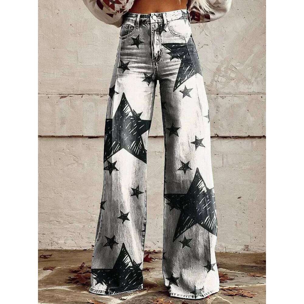 Vintage Gradient Women Wide Leg Denim Pants New Fashion High Waist Casual Retro Punk 3D Print Faux Jeans Trousers