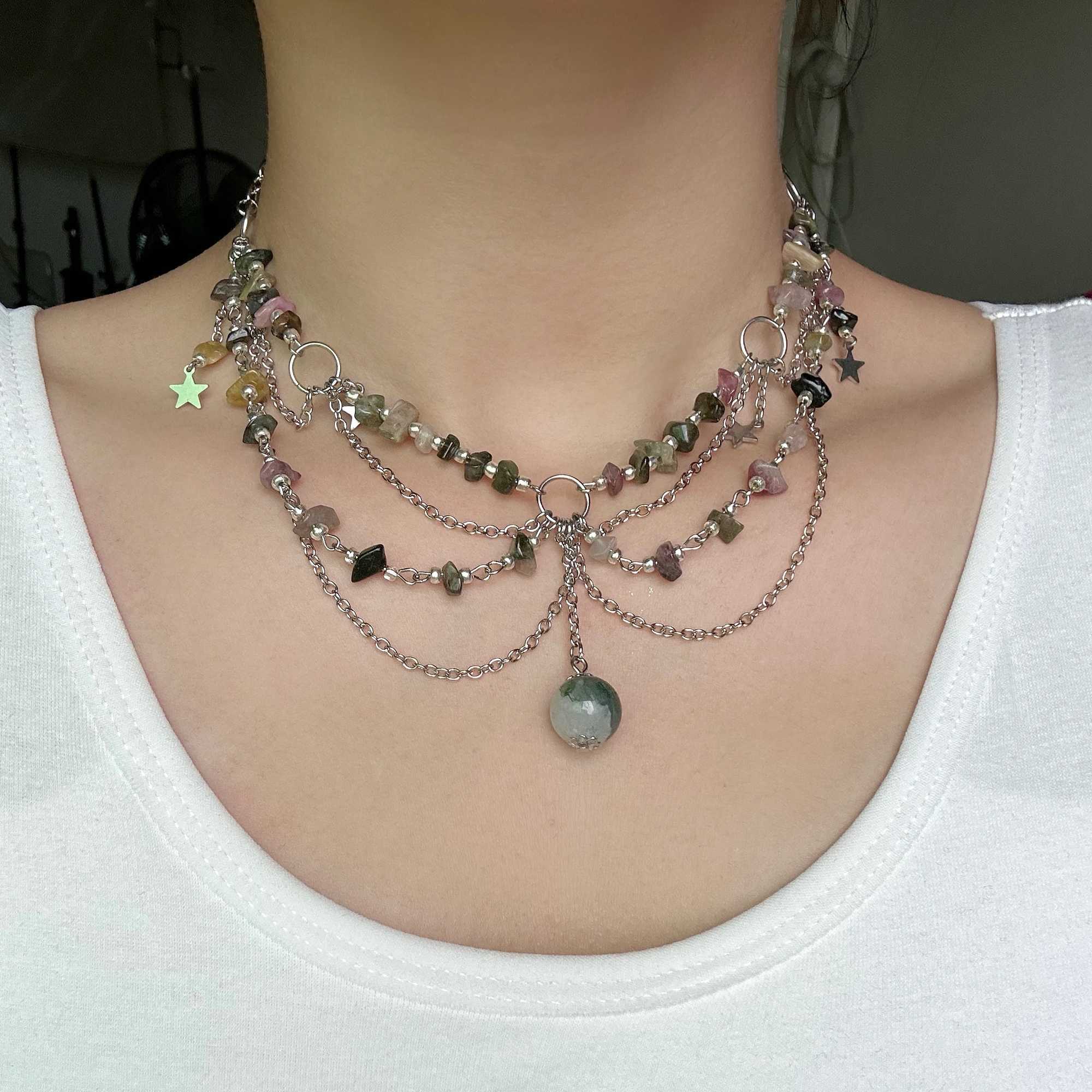 Lacteo Y2K Natural Stone Beads Pendant Necklace for Women Round Ball Tassel Choker Jewelry Collar Neck Chain Girls 2024 Party XJ250524