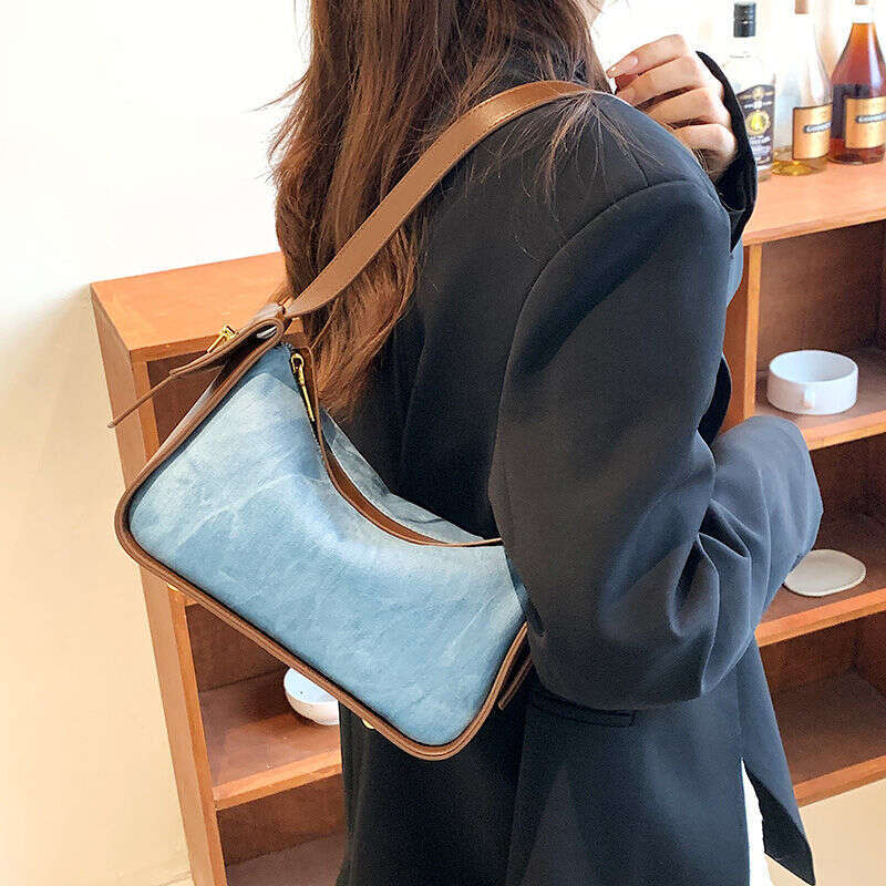 free shipping Simple Tote Large Capacity Underarm Spring Denim Style Commuter Versatile Splice Cross Shoulder Bag