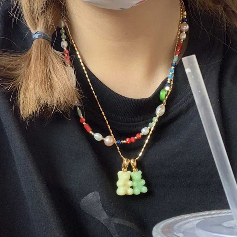 2021 Can Color Gummy Bear Resin Pendant Necklace for Women Simple Golden Metal Chain Necklace Female Fashion Jewelry Gifts XJ250524