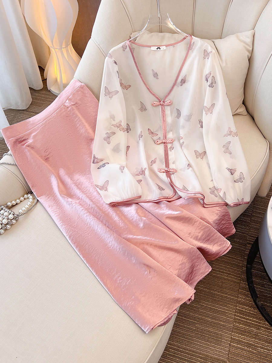 SL240 Spring and Summer New Chinese Chiffon Top Pink Skirt Bottom Sling