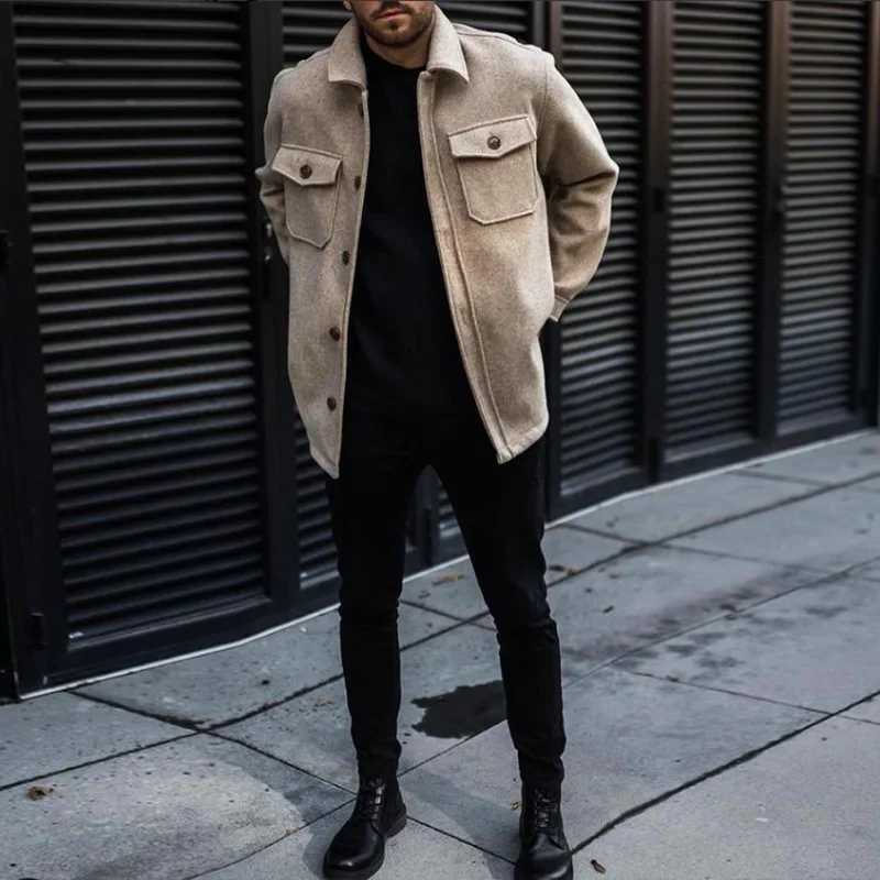 Mens Jacket Autumn Winter 2022 New Youth Casual Woolen Coat Long Sleeve Single Breasted Pockets Outerwear Cardigan Male Tops W250524