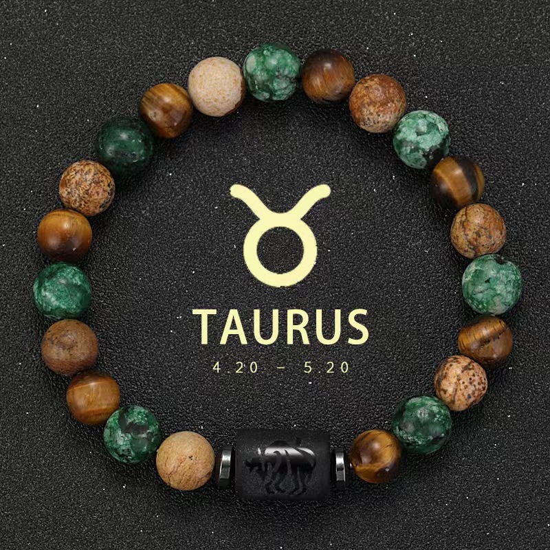 Zodiac Tiger Eye & Agate Picture Jasper Gemstone Bead Bracelets for All Astrological Signs