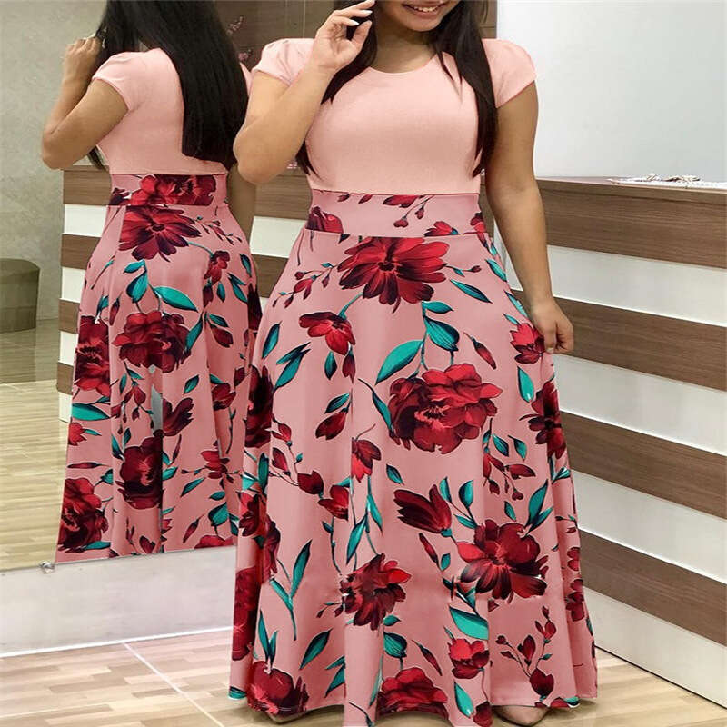 Maxi Dress Pop Style Floral Print Color Blocking Short Sleeved Oversized Dress For Women Floral Dress