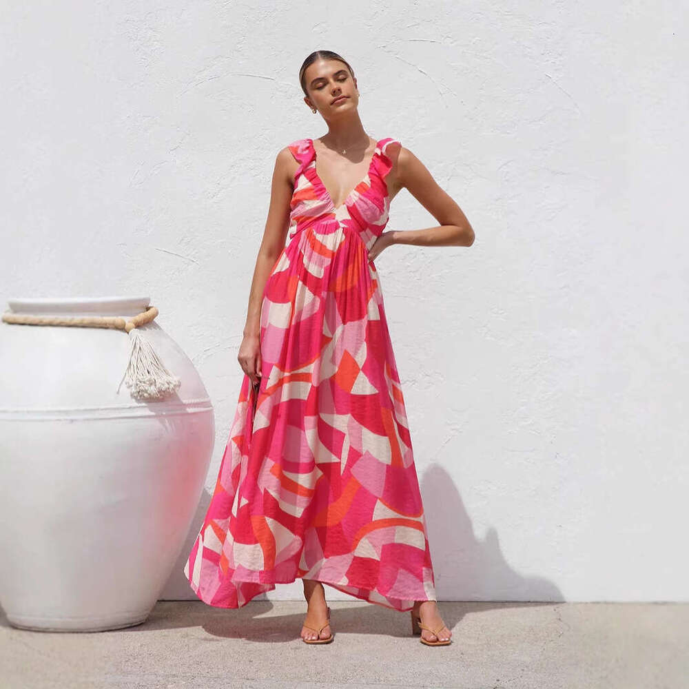 Maxi Dress Summer New Ins Same Style Printed V Neck Large Swing Strap Long Dress For Women Floral Dress