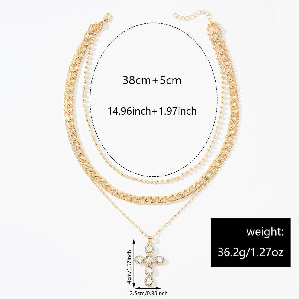 Multi Layer Crystal Studded Cross Pendant Necklace High Women Fashion Chain