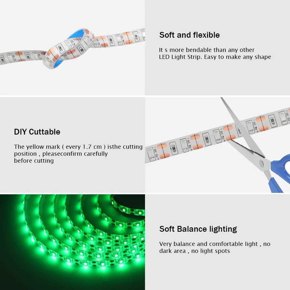 5V USB LED Strip Light SMD 2835 60Leds/m Flexible Ribbon Tape TV Background Lighting 1M 2M 3M 5M LED String Light Room Decor W250701