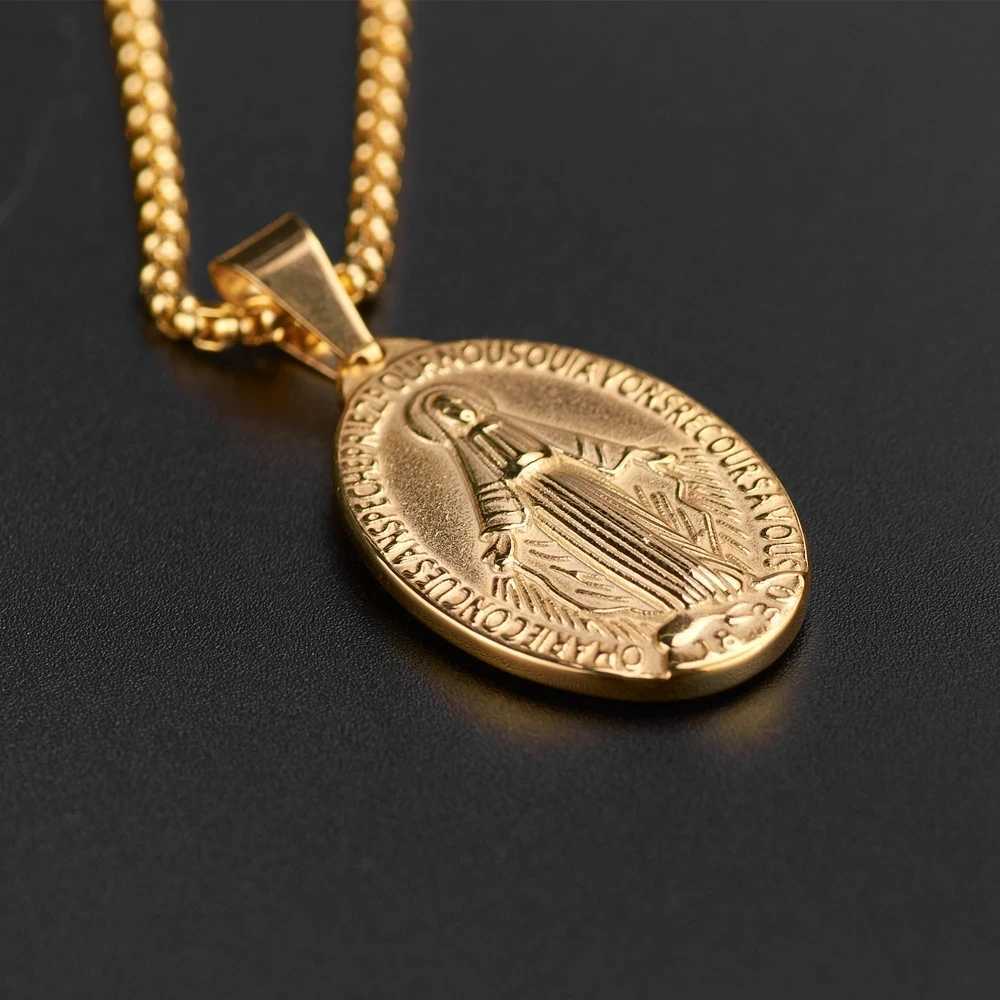 Golden Color Medal Virgin Mary Necklace Stainless Steel Virgin Mary Pendant Necklace For Men Women Cross Medallion Choker XJ250524
