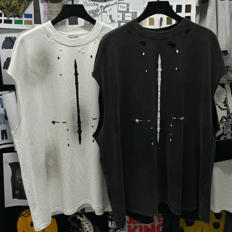 Splash-ink Hole Damaged Tank Tops Vest Men Women High Quality Hip Hop High Street Men's Sleeveless T-shirt Oversized