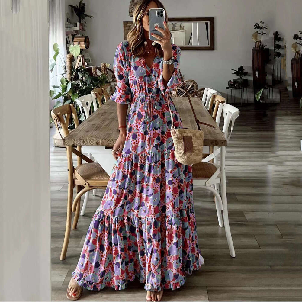 Maxi Dress TEMU Summer New Women S Elegant Vacation V Neck Printed Large Swing Long Dress Floral Dress