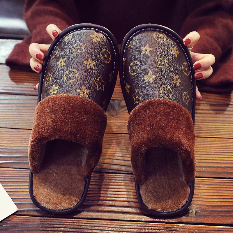Winter Home Warm Couple Indoor Non Slip Quiet Men Women Printed Fleece Lined Comfortable Cotton Slippers
