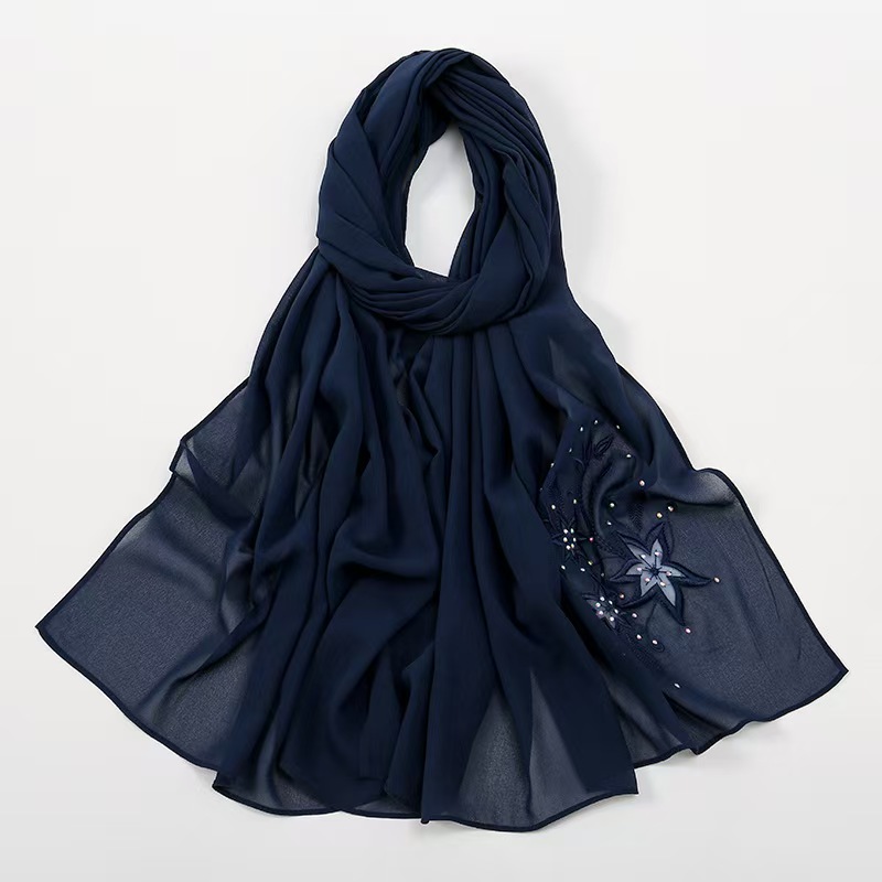 T787 new chiffon embroidery hot diamond solid color headscarf female simple versatile scarf