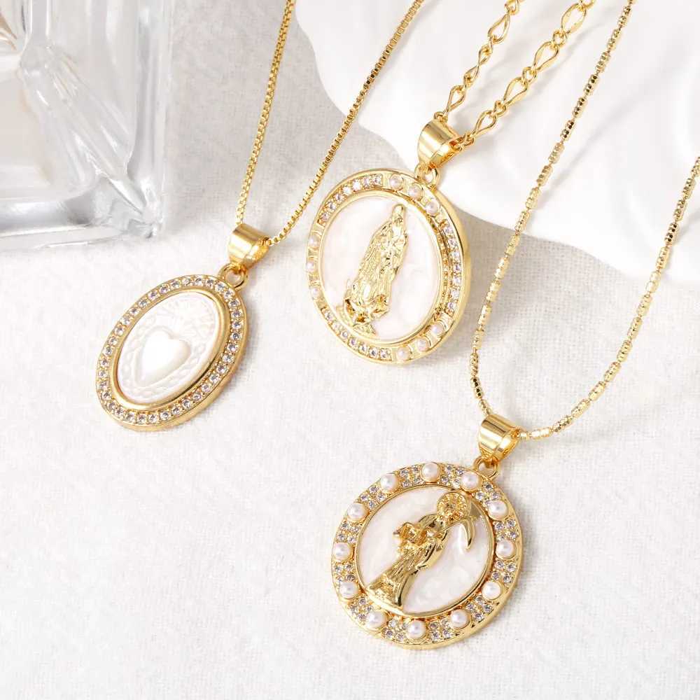 White Pearl Holy Death Necklaces for Women Gold Plated Round Virgin Mary Necklaces Amulet Jewelry Gifts retail89 XJ250524