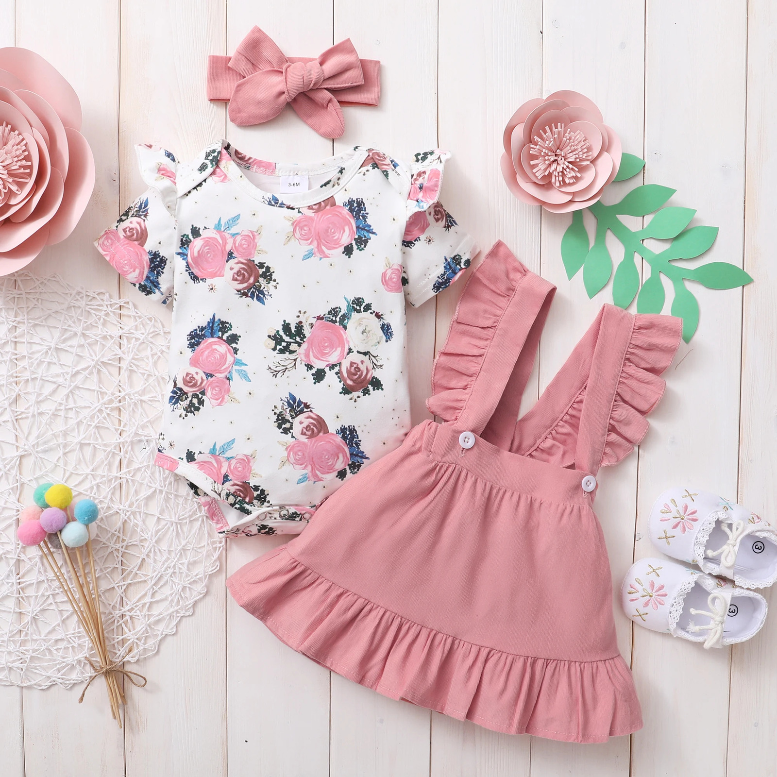 3Pcs Baby Girl Beautiful Flower Bodysuit Ruffled Shoulder Strap skirtHeadband Set 024 Months Toddler Summer 250517z