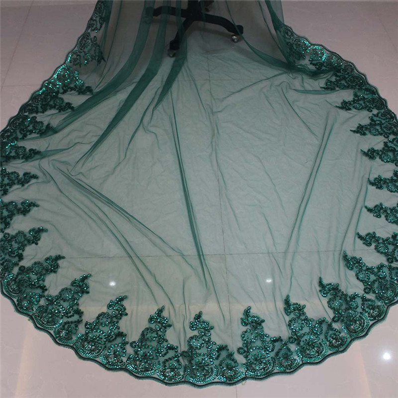 Modern Green Sequins Wedding Veil One Layer Long Cathedral Veils Appliques Edge With Comb Customized Bridal Accessories