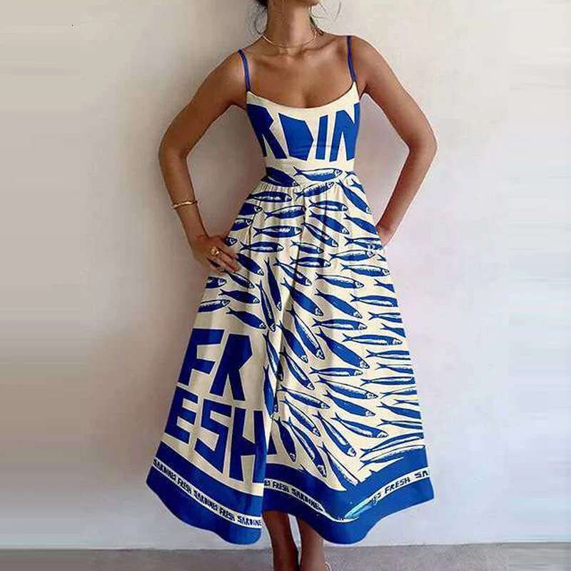 Maxi Dress Spring New Women S Style Printed Folded Waist Strap Dress Floral Dress