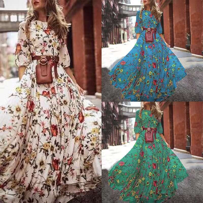 Maxi Dress Printed Long Skirt French Commuting Style Large Swing Round Neck Floral Dress Floral Dress
