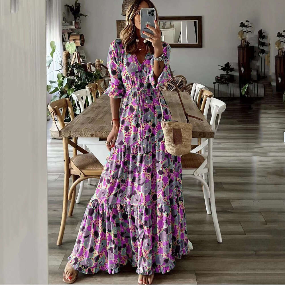 Maxi Dress TEMU Summer New Women S Elegant Vacation V Neck Printed Large Swing Long Dress Floral Dress