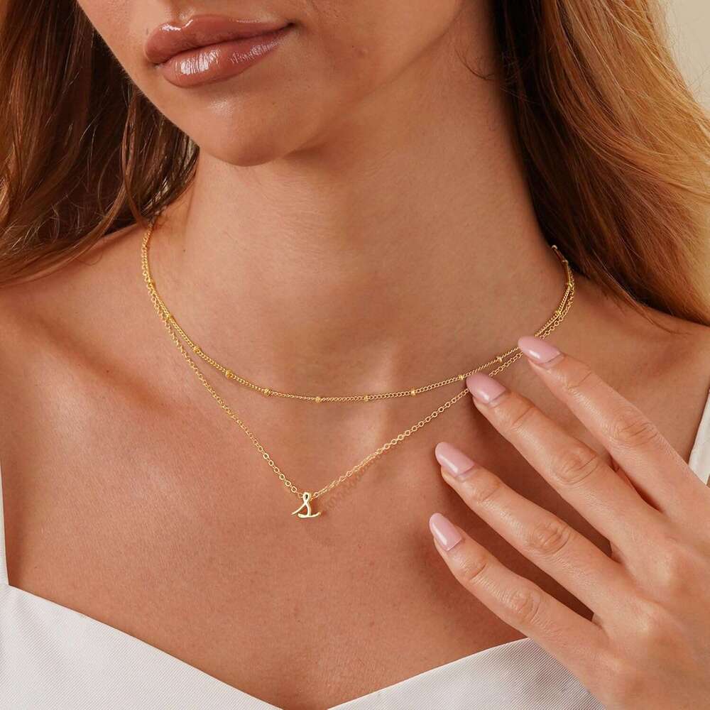 Fashionable, 14K Plated A-Z Pendant Small Personalized Interwoven Layered Gold Initial Letter Necklace Women's Jewelry