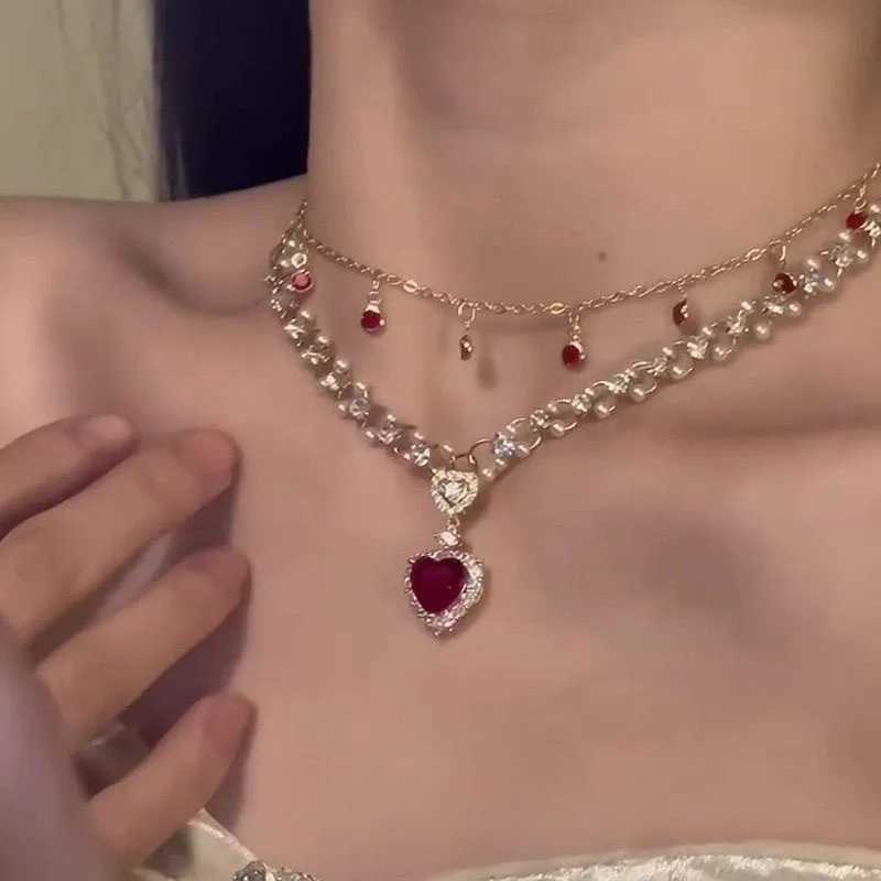 Shining Heart! Red Heart-Shed Zircon Pearl Double-Layer Layered Pendant Ladies Princ Jewelry Necklace XJ250524