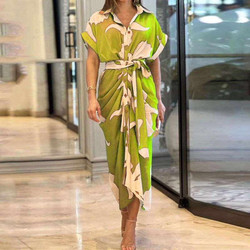 Maxi Dress INS Women S Printed Lapel Short Sleeved High Waisted Long Shirt Dress Floral Dress