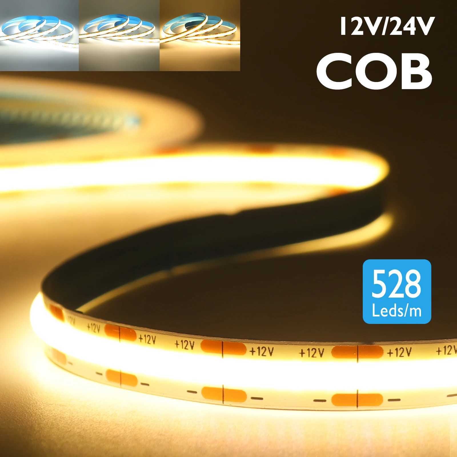 DC12 24V COB LED Strip Light 528Leds/m Flexible Tape Ribbon High Density Linear Lighting 3000-6500K RA90 Led Lights Room Decor W250524
