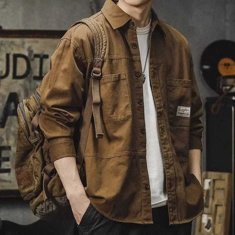 2023 Autumn New Loose Casual American Vintage Work Jacket Mens Solid Square Neck Button Pocket Badge Patchwork Long Sleeved Shirt W250524