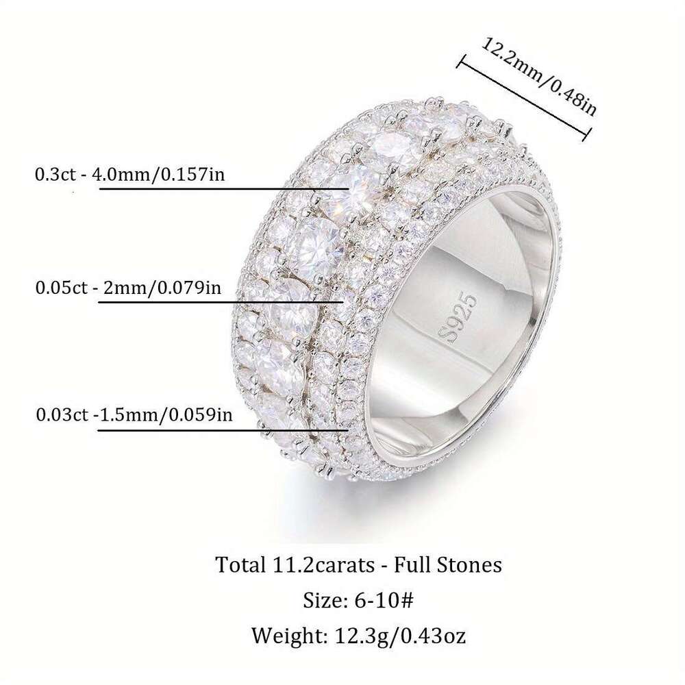 mm Hip hop Moissanite Rings Five Row Sterling Siery Eternity Wedding Band Ring Women cttw VVS Iced Out Anniversary Bling Pinky Mens Rings Hip Hop Fine