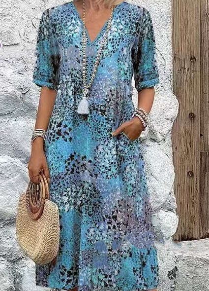 Maxi Dress Fashion New Printed Lace V Neck Short Sleeved Dress Floral Dress