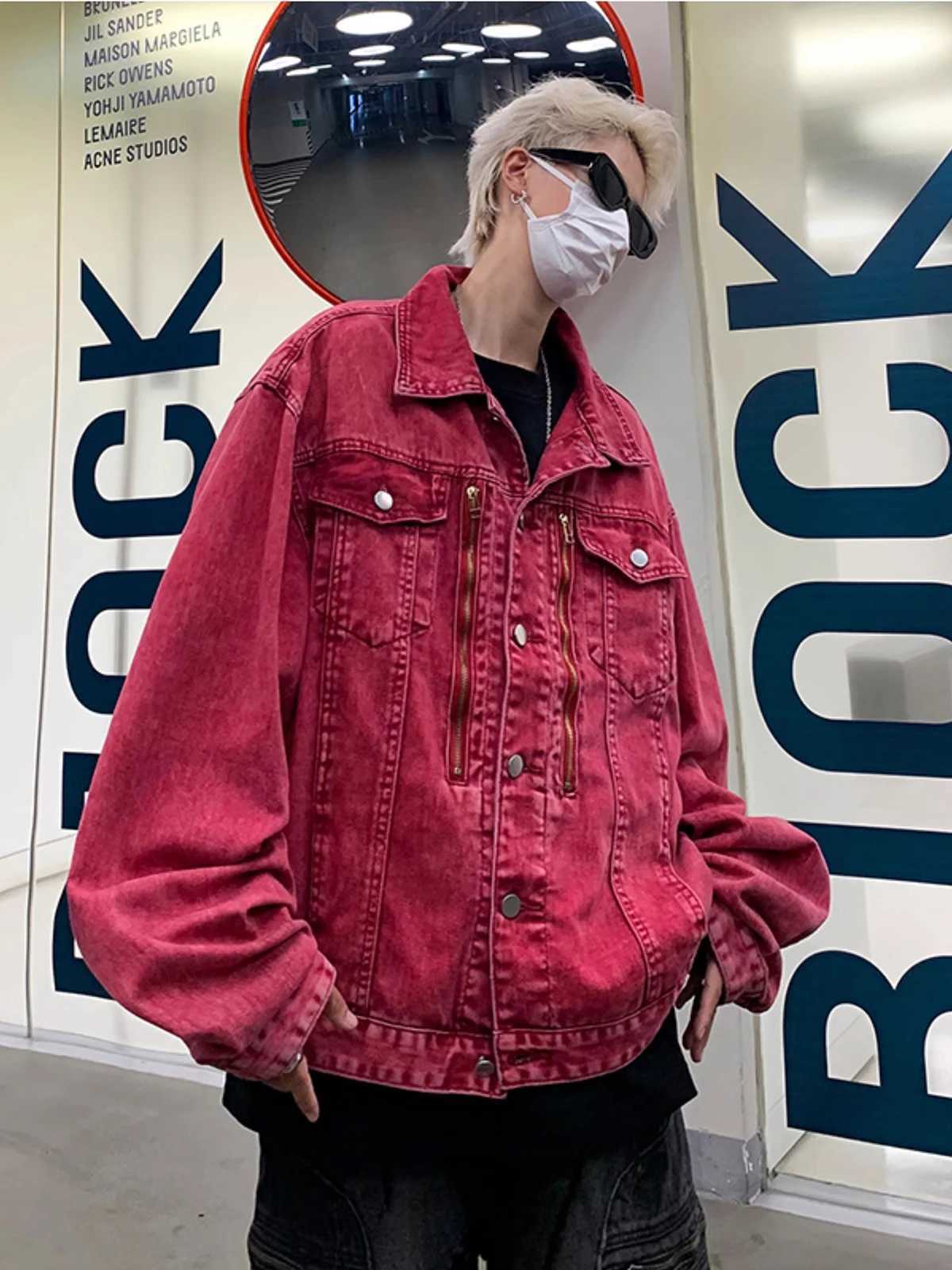 REDDACHIC Distressed Red Denim Jacket for Men Windbreaker Zipper Decor Loose Casual Bomber Coat Autumn Vintage Y2k Streetwear W250524