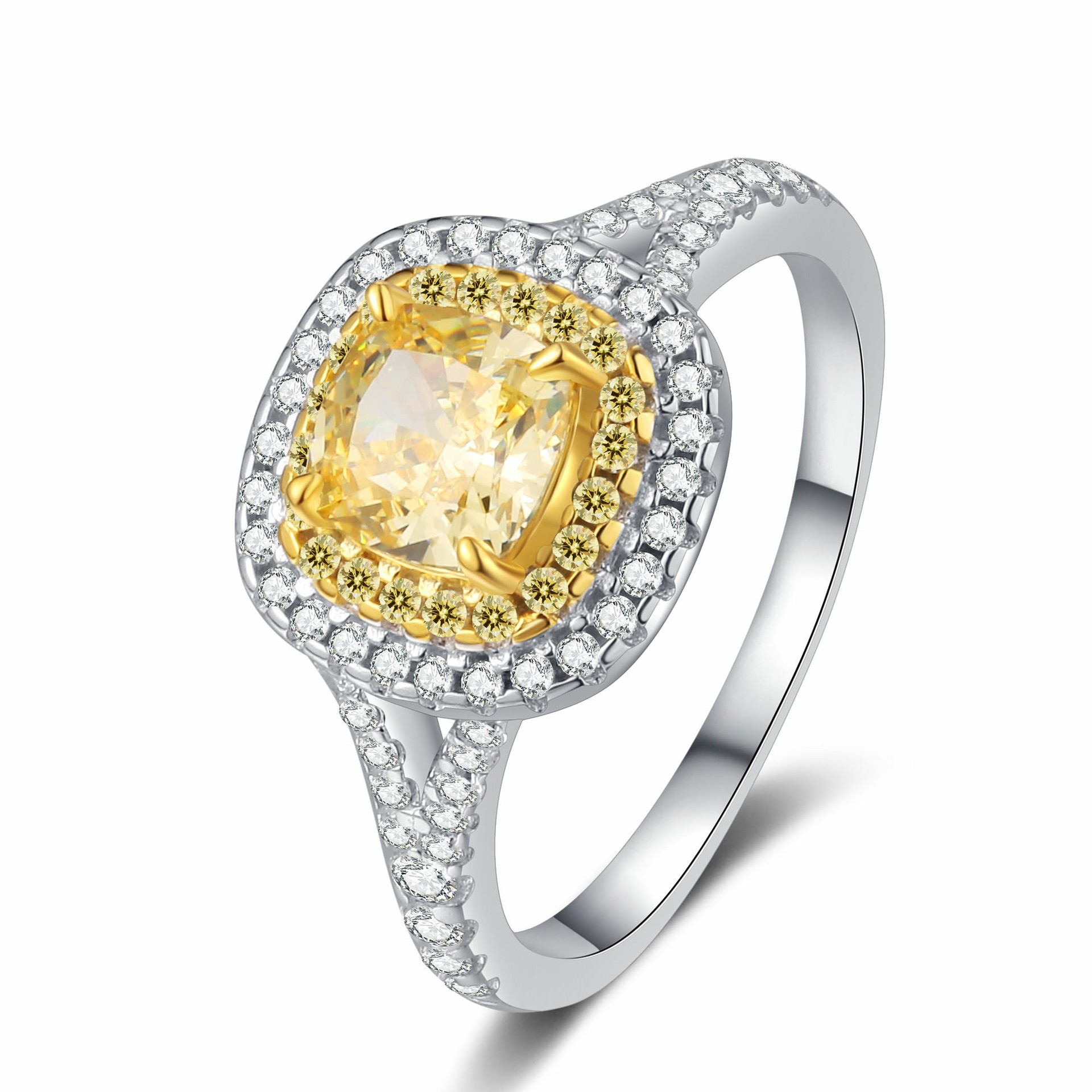 Elegant S925 Sterling Silver Ring with High Carbon Diamonds and Square Yellow Diamond Ice Flower Cut Design for Women