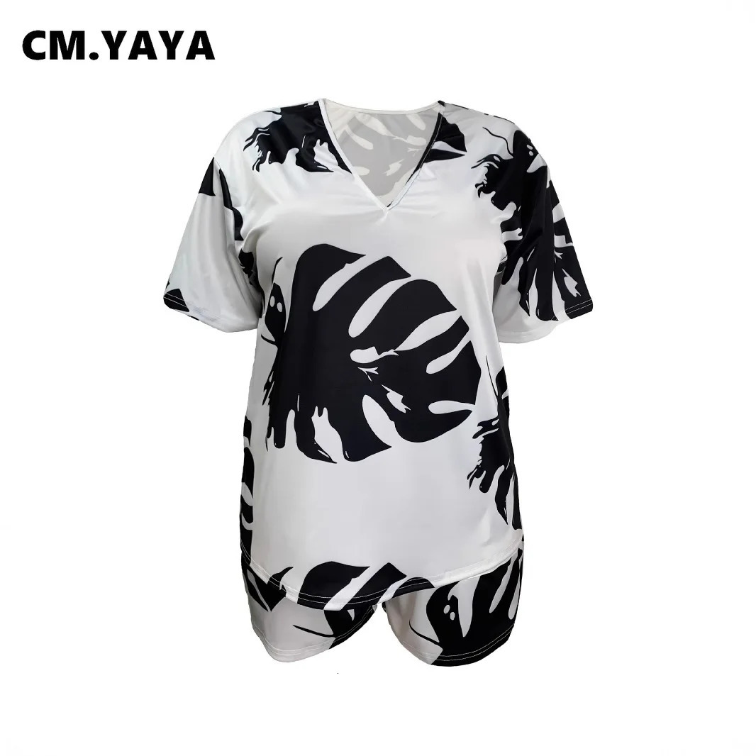 CMYAYA Plus Size Leaf Printed Womens Set Vneck Short Sleeve Tshirt and Shorts 2025 Summer Two 2 Piece Outfit Tracksuit 250516Z