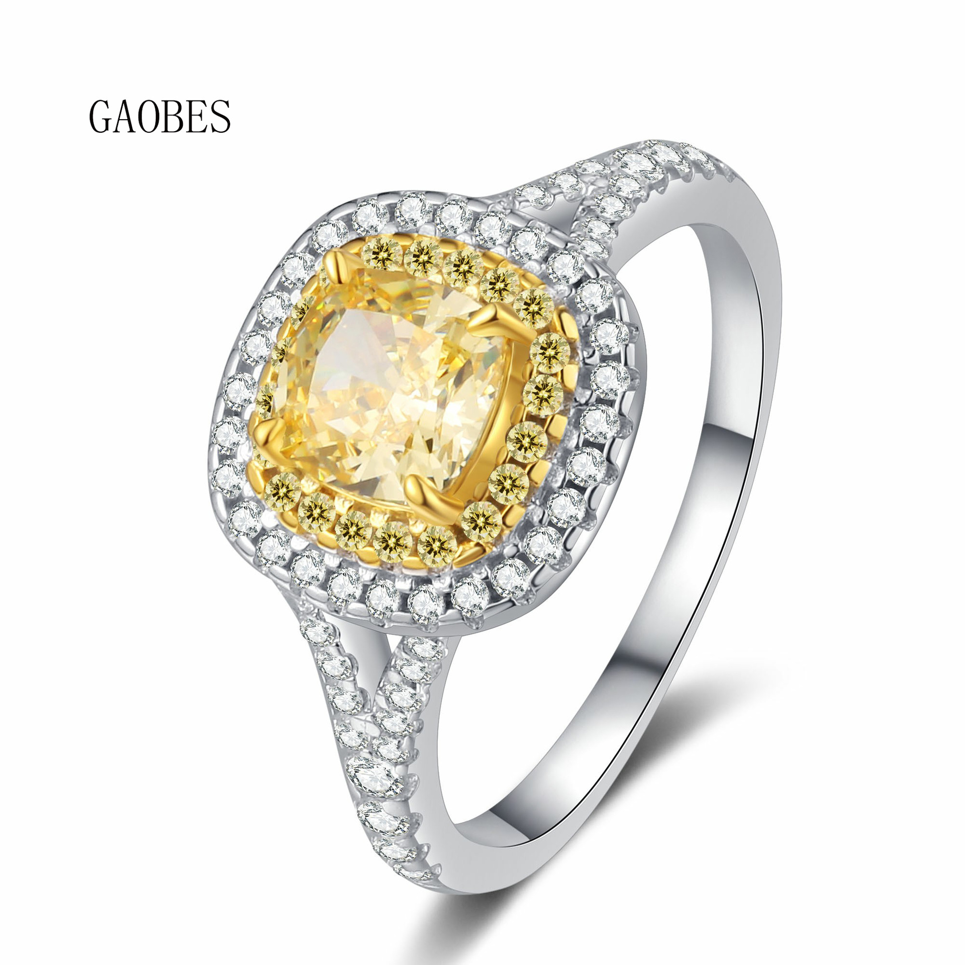Elegant S925 Sterling Silver Ring with High Carbon Diamonds and Square Yellow Diamond Ice Flower Cut Design for Women