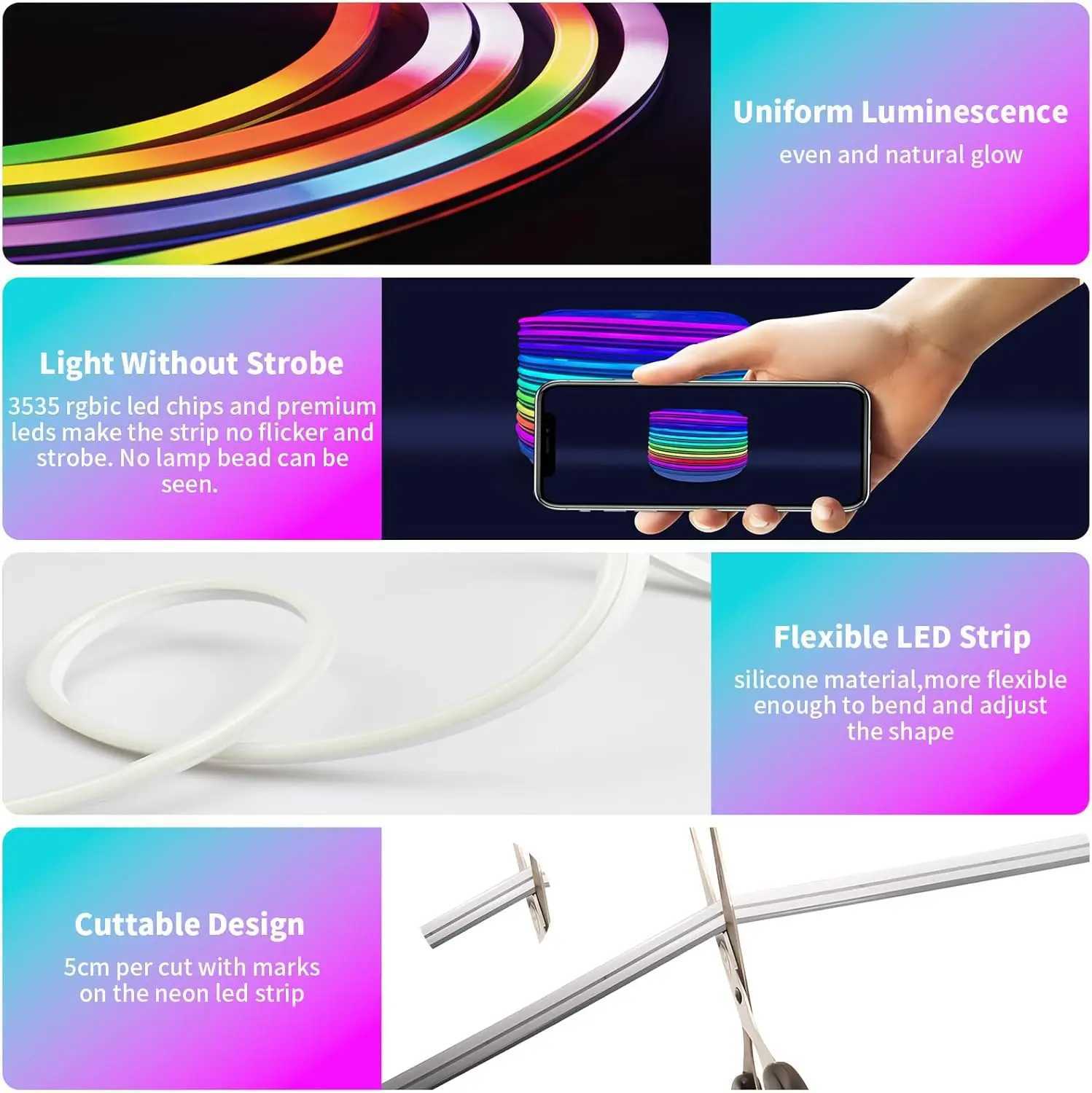RGB Neon LED Strip 8/16M IP65 Waterproof DIY USB Neon Strip Tuya App Remote Control Flexible Ribbon for Home Decor Lighting W250526