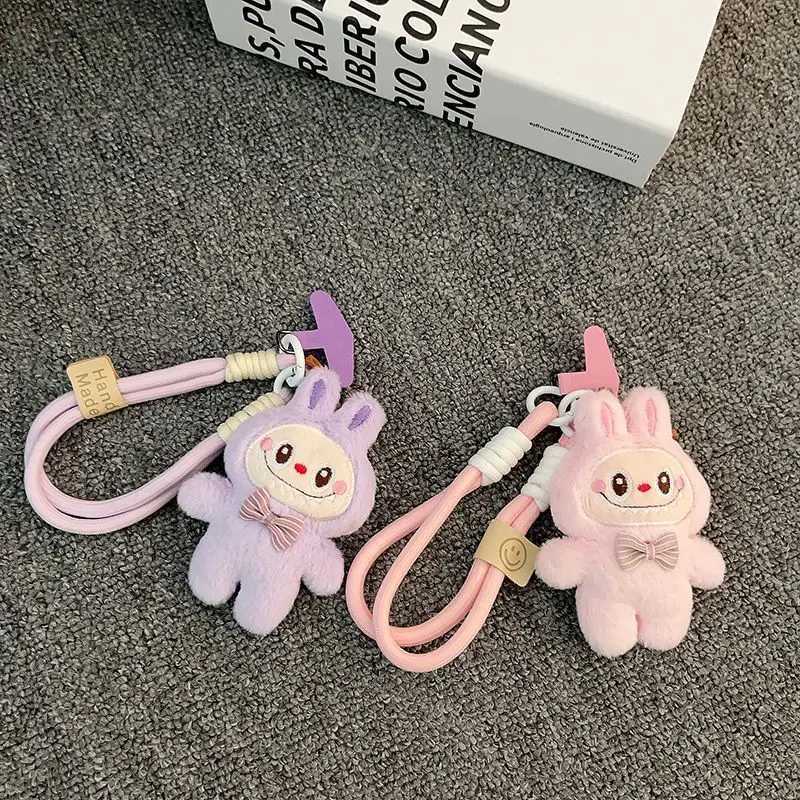 Cute Labubu Pendant Cartoon Anime Pink Rabbit Plush Doll Handchain Lanyard Mobile Phone Universal Decoration Bag Pendant Gift W250526