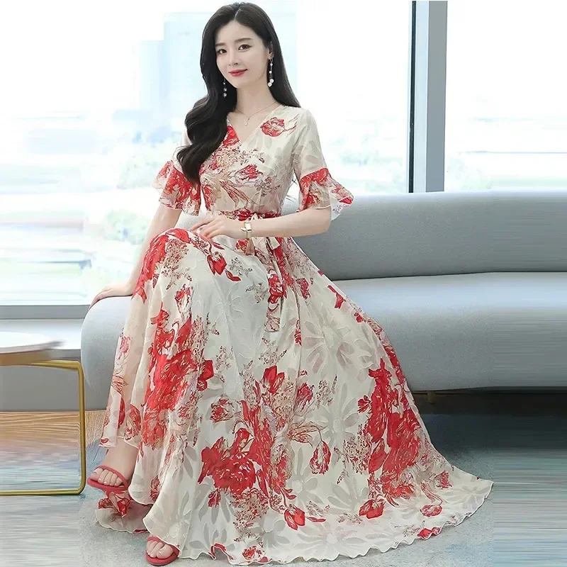 Silk Short Sleeve Dress Women's Waist Belt Slimming Youthful Large Swing Long Skirt V-neck Ankle-length Polyester Fiber