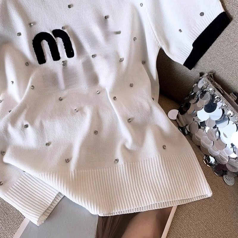 2025 Uniquely designed women's top for spring and summer 2025 new miu series nail diamond contrasting colorsmall fragrance style short sleeved t-shirt knitted
