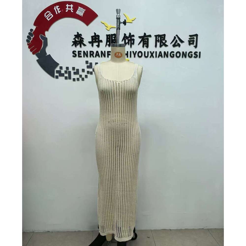 Maxi Dress New Beach Hoodie Casual Solid Color Split Back Knitted Strap Top Dress Long Dress