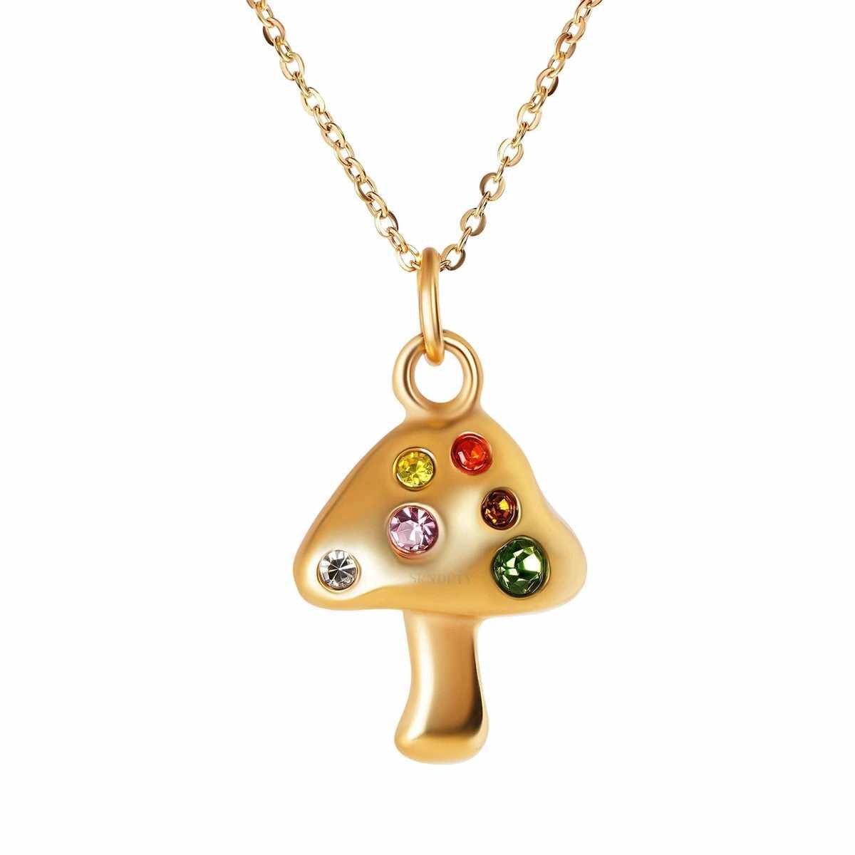 Stainless steel mushroom necklace with lucky symbol embedded in zirconium necklace gold-plated and color preserving XJ250524