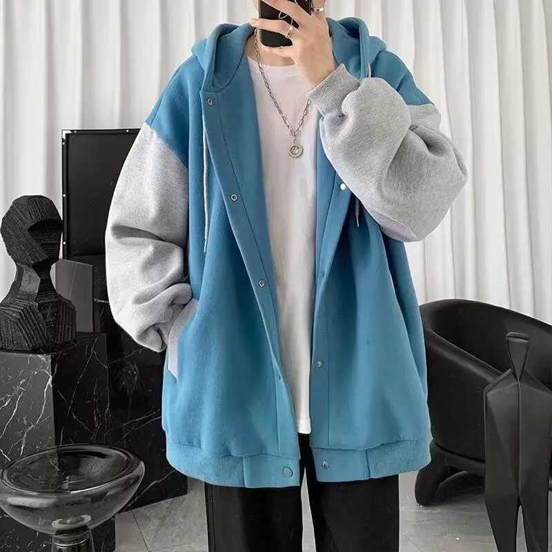Hong Kong Wind Leisure Cardigan Coat Men 2024 Autumn New Korean Version of The Trend Splicing Loose Hoodie Lovers W250524