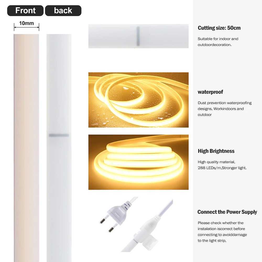 220V Dimmable COB LED Neon Strip Light Dimmer Switch Plug Kit Waterproof 288 LED Flex Tube Lamp Hight Bright Warm/Natural White W250524