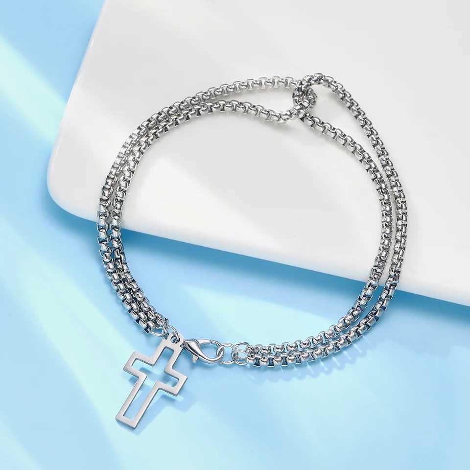 Mens Fashion Hollow Cross Wrist Bracelet Vintage Simple Stainless Steel Double Chain Bracelet Hip Hop Punk Party Jewelry Gifts XJ250524