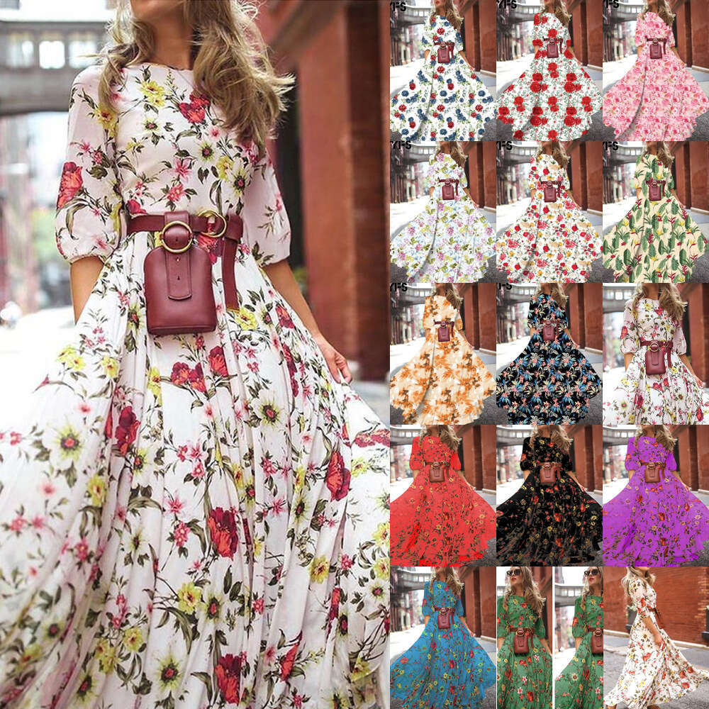 Maxi Dress Spring Autumn New With Digital Printing And Dazzling Style Fragmented Flower Slimming Long Dress Floral Dress
