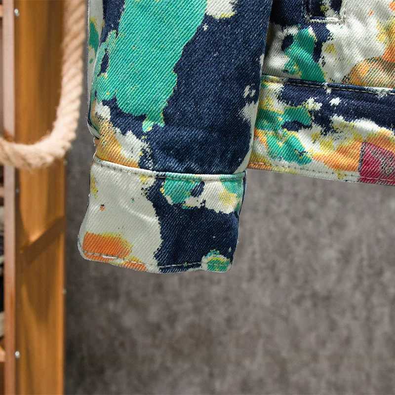 Mens Forest Camouflage Print Denim Jacket Loose Turn Down Collar Cargo Jean Coat Pockets Outerwear W250524