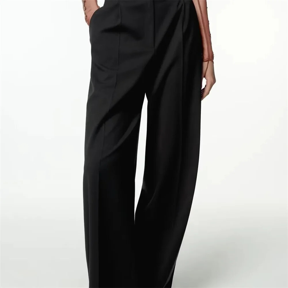 PB ZA 2024 Womens Straight Loose Pants for Professional Small Pleated High Waist Wide Leg 250521