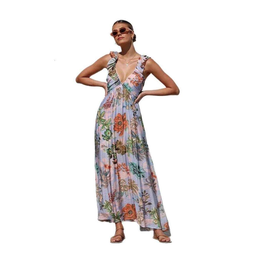 Maxi Dress Summer New Ins Same Style Printed V Neck Large Swing Strap Long Dress For Women Floral Dress