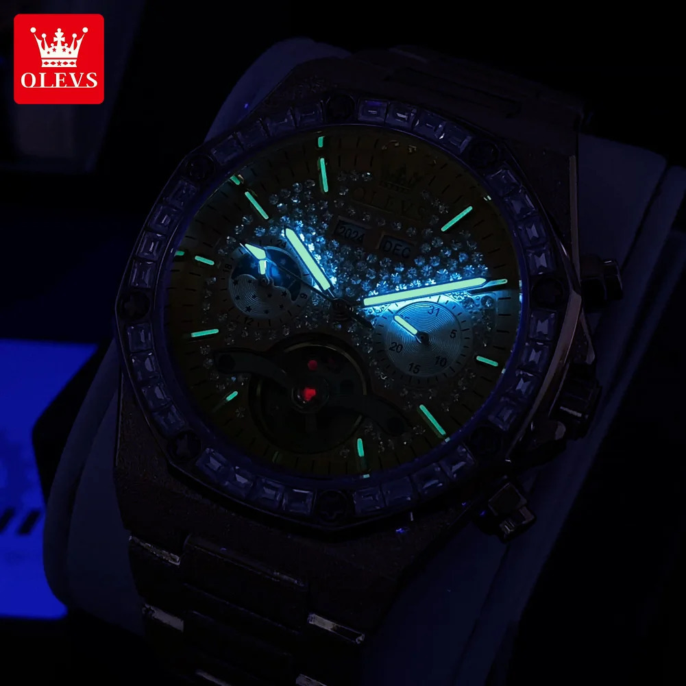 OLEVS 9805 High end Men Watches Waterproof Moon Phase Diamond Dial Fashion Mechanical Watch Skeleton Original Wristwatch 250603